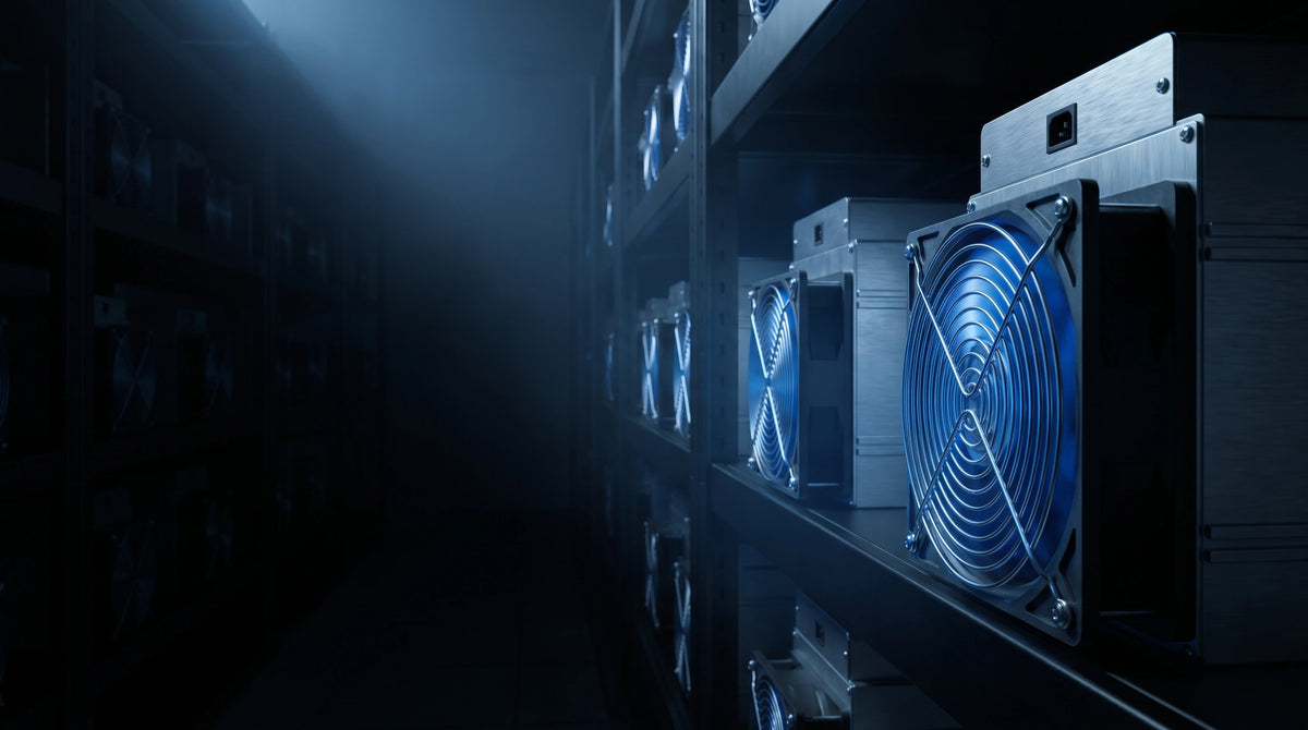 Row of iBeLink ASIC miners in a dark data centre aisle